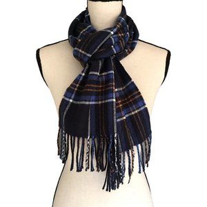 Blue Plaid Winter Scarf with Fringe